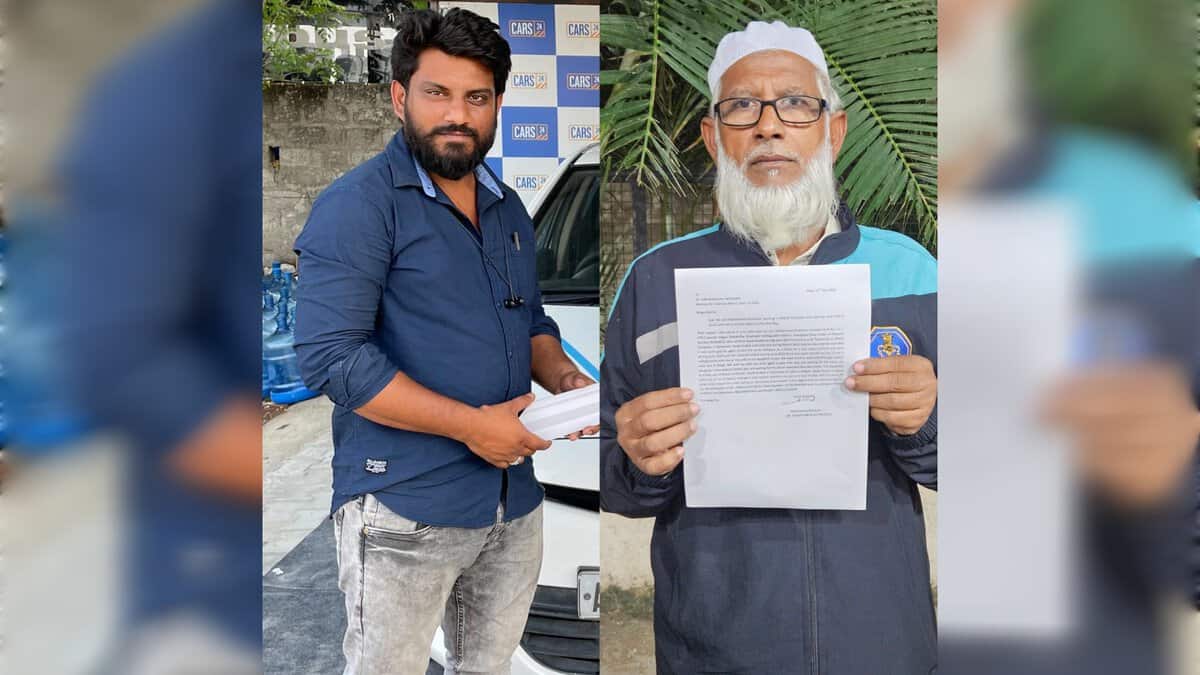 A photo collage showing a man on the left and his elderly father on the right holding a letter appealing for help.