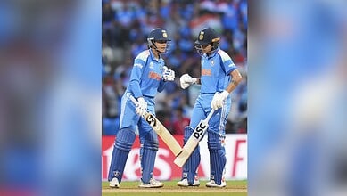 India's Smriti Mandhana, left, and Shafali Verma during the ICC Women's World Cup final between India Women and South Africa Women at the DY Patil Stadium in Navi Mumbai on Sunday. (PTI Photo/Kunal Patil)
