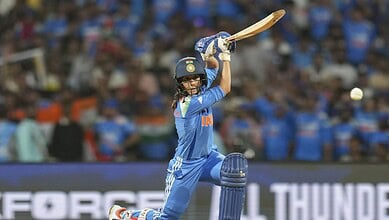 India's Jemimah Rodrigues plays a shot during the ICC Women's World Cup final ODI cricket match between India Women and South Africa Women, at the DY Patil Stadium, in Navi Mumbai, Sunday, Nov. 2, 2025. (PTI Photo/Kunal Patil)