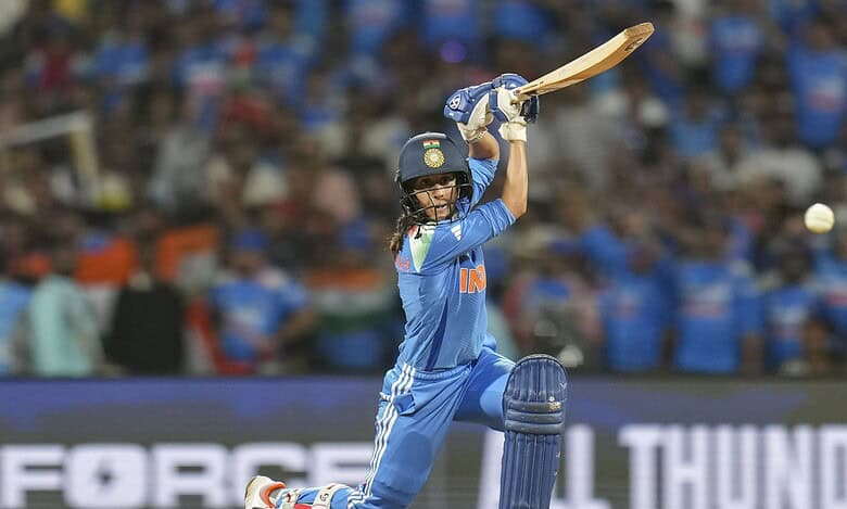 India's Jemimah Rodrigues plays a shot during the ICC Women's World Cup final ODI cricket match between India Women and South Africa Women, at the DY Patil Stadium, in Navi Mumbai, Sunday, Nov. 2, 2025. (PTI Photo/Kunal Patil)