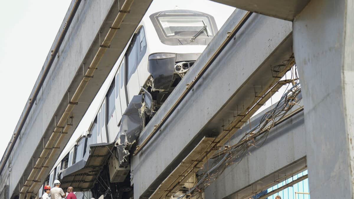 A portion of a monorail train damaged after it tilted during a test run, at Wadala depot in Mumbai, Wednesday, Nov. 5, 2025. No injury was reported in the incident, according to officials. (PTI Photo/Shashank Parade)