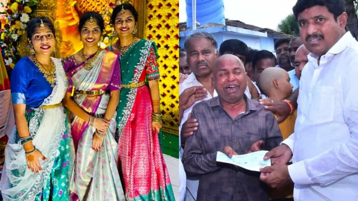 An inconsolable Yellaiah Goud, who lost three daughters in the tragic Chevalla bus accident, receives compensation from Tandur MLA Manohar Reddy