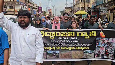 Locals protest at Bijapur highway demanding immediate start of road widening works.