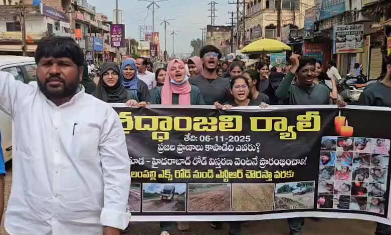 Locals protest at Bijapur highway demanding immediate start of road widening works.