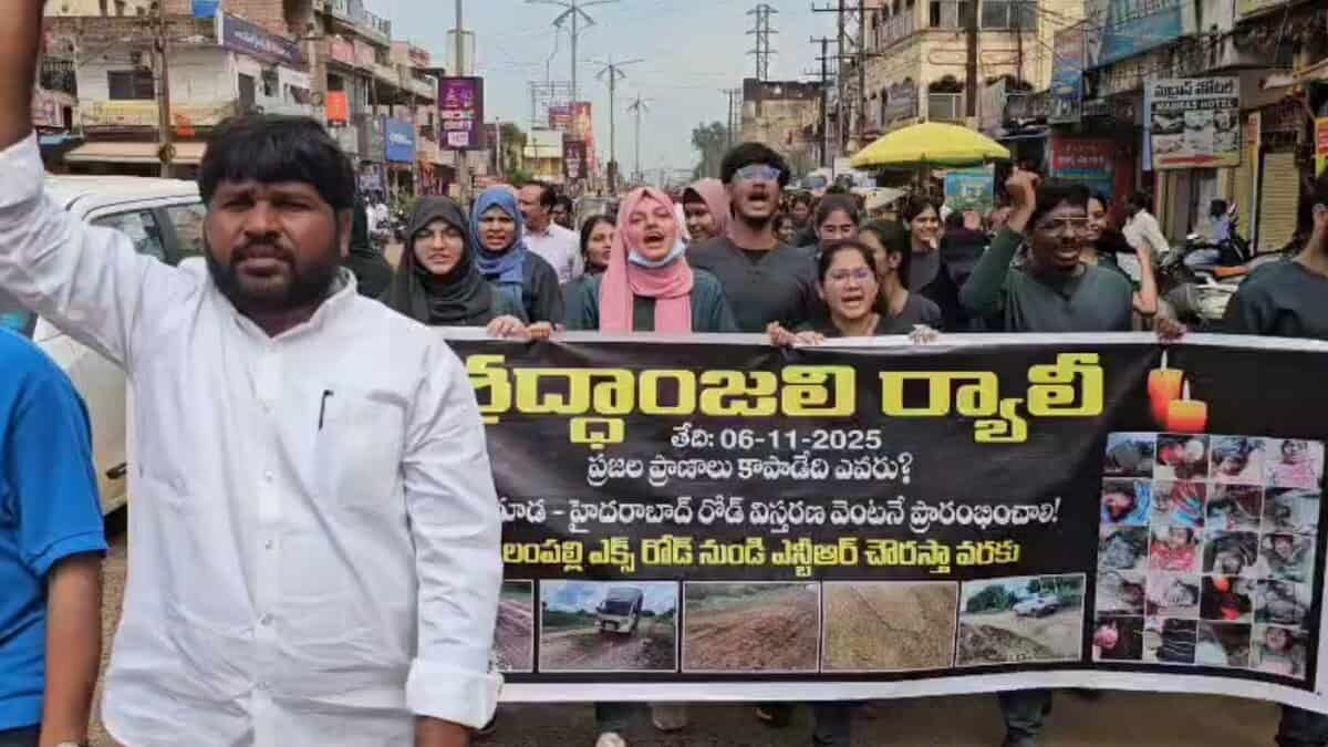 Locals protest at Bijapur highway demanding immediate start of road widening works.