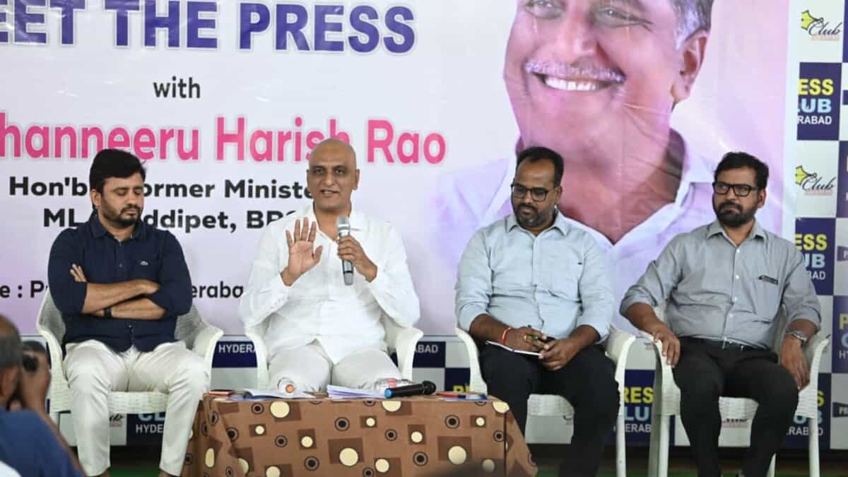 Harish Rao addresses the media at the Press Club in Somajiguda