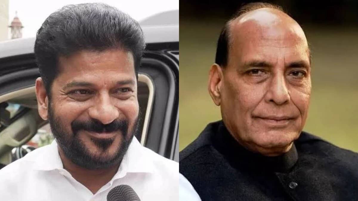 Telangana CM A Revanth Reddy (left) and Union defence minister Rajnath Singh