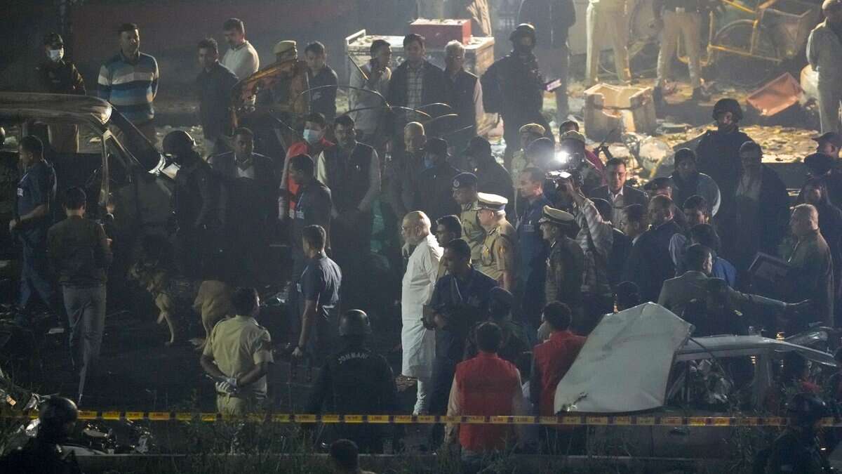Union Home Minister Amit Shah visits the blast site near Red Fort, in New Delhi on Monday. (PTI Photo/Salman Ali)