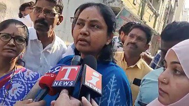 BRS candidate Maganti Sunitha addresses the media in Hyderabad