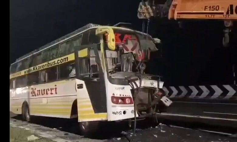 A bus travelling from Hyderabad to Vijayawada met an accident in NTR district.