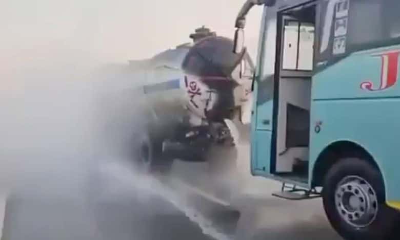 A bus rams into an oil tanker in Mahbubabad
