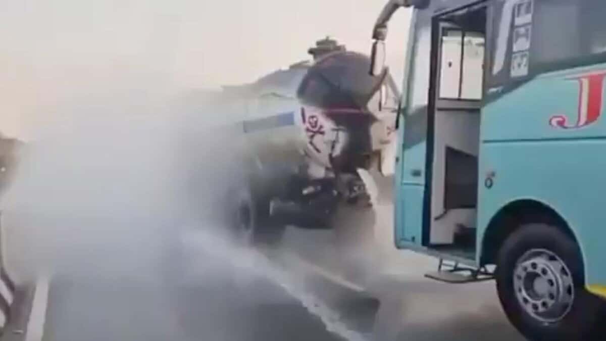 A bus rams into an oil tanker in Mahbubabad