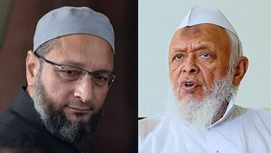 AIMIM chief Asaduddin Owaisi (left) and Jamiat chief Maulana Arshad Madani (right)