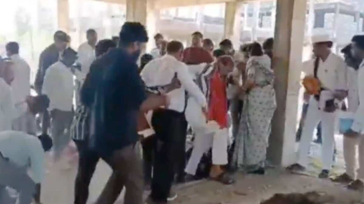 Vemulvada MLA Adi Srinivas falls at the construction site