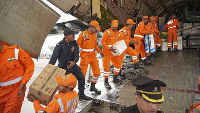 NDRF personnel along with a consignment of Indian humanitarian aid, arrive in cyclone-hit Sri Lanka as part of 'Operation Sagar Bandhu'. (@DrSJaishankar/X via PTI Photo)
