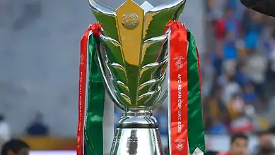 A close-up view of the AFC Asian Cup trophy with red and green ribbons from the UAE 2019 tournament.