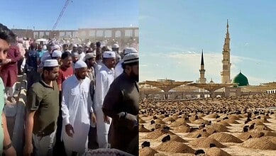 Left: Mourners at Jannat al-Baqi during the burial of Madinah bus accident victims. Right: View of Jannatul Baqi with the Prophet’s Mosque in the background.