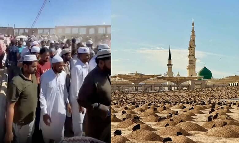 Left: Mourners at Jannat al-Baqi during the burial of Madinah bus accident victims. Right: View of Jannatul Baqi with the Prophet’s Mosque in the background.