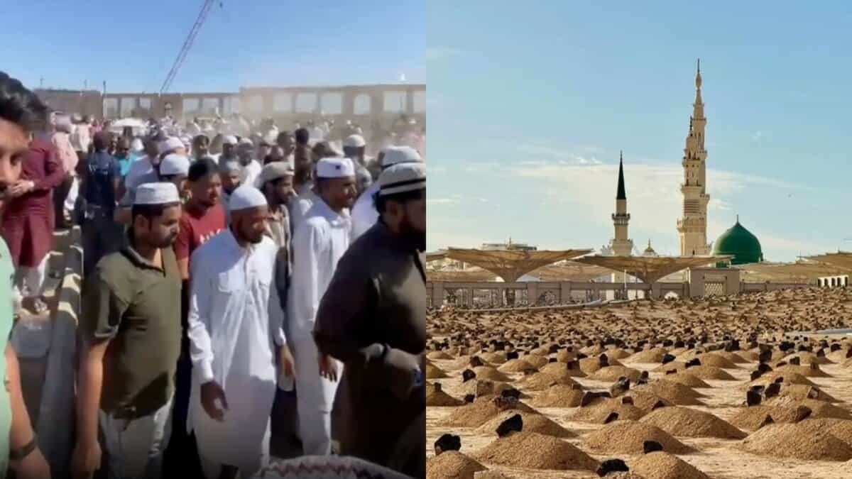 Left: Mourners at Jannat al-Baqi during the burial of Madinah bus accident victims. Right: View of Jannatul Baqi with the Prophet’s Mosque in the background.