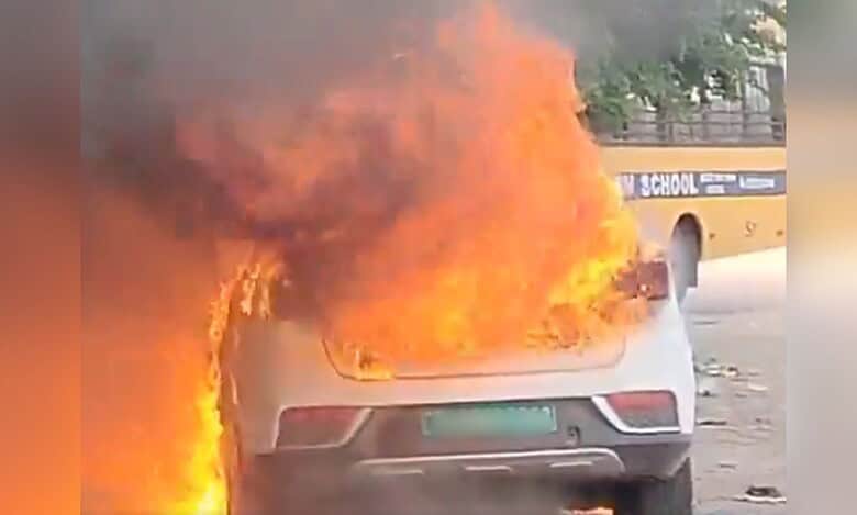 Electric car catches fire near NTR stadium