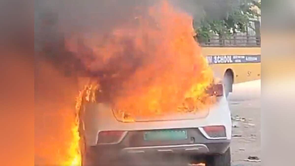 Electric car catches fire near NTR stadium