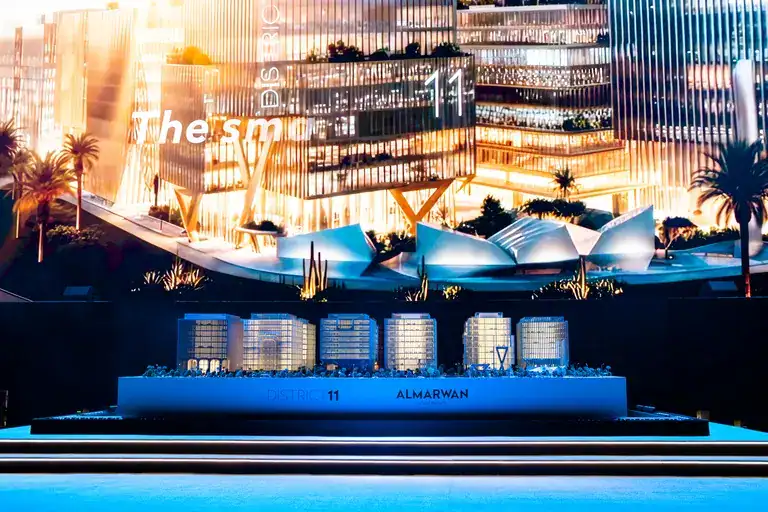 A model of Al Marwan Developments’ District 11 smart work resort displayed during the launch event in Sharjah.