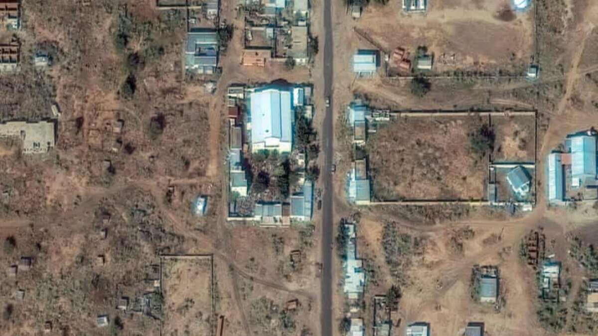 Satellite image showing the children’s hospital and surrounding area in El Fasher, Sudan, captured for analysis of recent conflict damage.