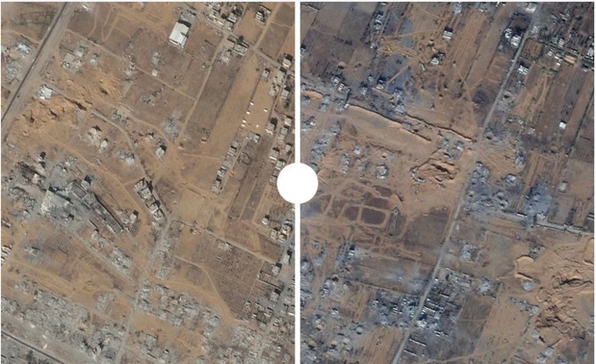 Satellite comparison shows destroyed neighbourhoods in Gaza after the ceasefire, highlighting severe damage in areas under Israeli control.