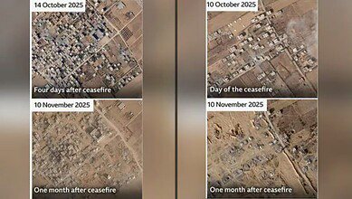 Satellite images show extensive destruction in Gaza neighbourhoods before and after the ceasefire, with most buildings flattened within a month.