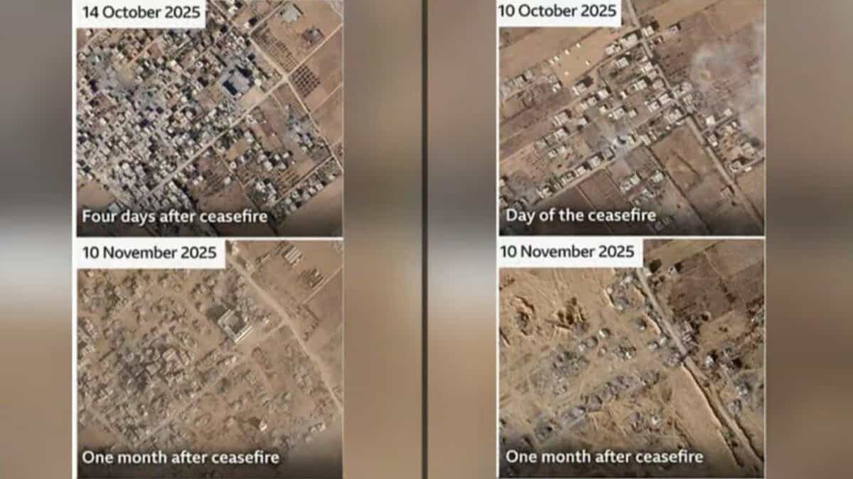 Satellite images show extensive destruction in Gaza neighbourhoods before and after the ceasefire, with most buildings flattened within a month.