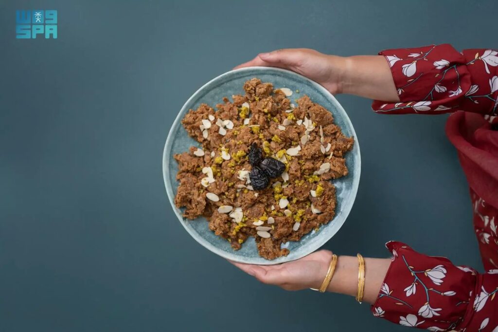 Traditional Saudi dessert Hininy served in a bowl in Madinah.