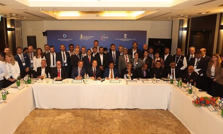 Piyush Goyal and Israel’s Economy Minister Nir Barkat at a joint meeting with delegates in Tel Aviv.