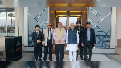 Andhra Pradesh Governor Justice S Abdul Nazeer with Ambassador Dr Suhel Khan, Consul General Fahad Suri and officials at Madinah Airport.