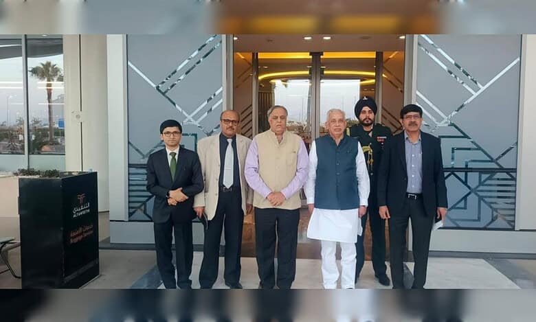 Andhra Pradesh Governor Justice S Abdul Nazeer with Ambassador Dr Suhel Khan, Consul General Fahad Suri and officials at Madinah Airport.