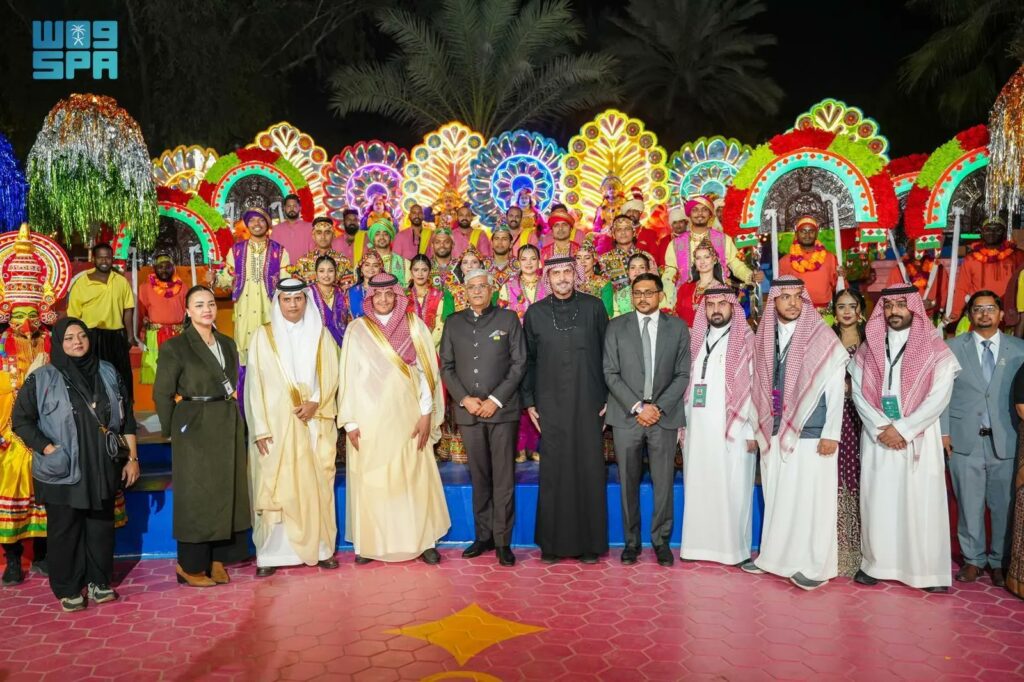 Indian Tourism Minister Gajendra Singh Shekhawat with Saudi officials and performers during the ‘Global Harmony 2’ cultural event in Riyadh.