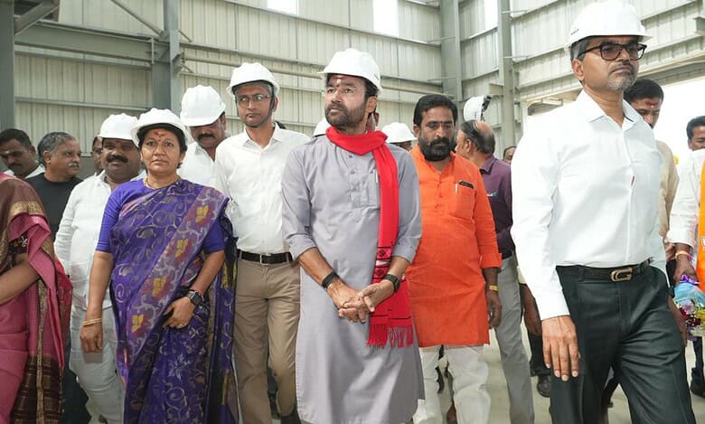 Image shows Union Coal Minister G Kishan Reddy inspecting the Railway Manufacturing Unit in Warangal.