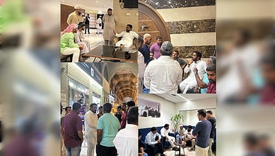 AIMIM MLA Majid Hussain meeting grieving families and community members in Madina, Saudi Arabia, following the tragic bus accident. He is seen consoling relatives and discussing arrangements at multiple locations.