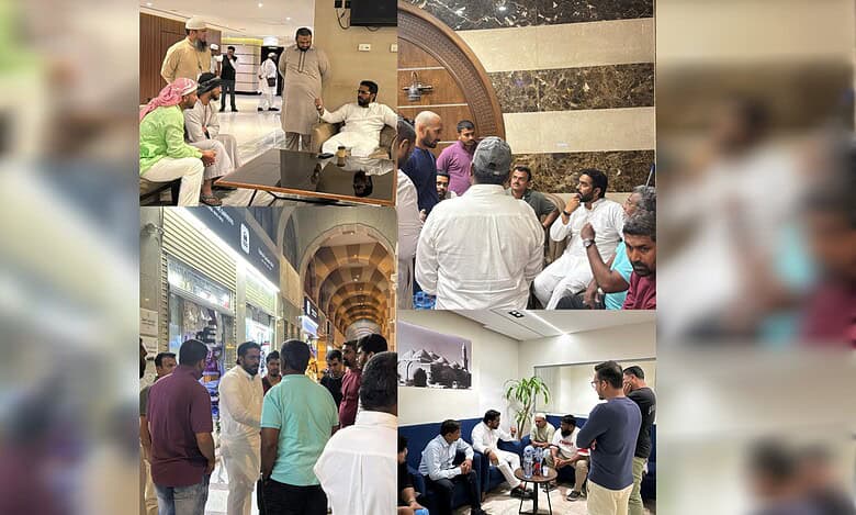 AIMIM MLA Majid Hussain meeting grieving families and community members in Madina, Saudi Arabia, following the tragic bus accident. He is seen consoling relatives and discussing arrangements at multiple locations.