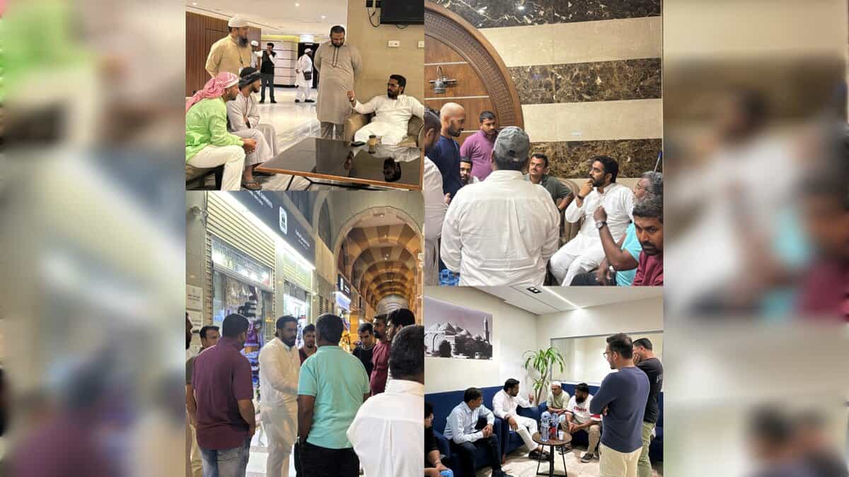 AIMIM MLA Majid Hussain meeting grieving families and community members in Madina, Saudi Arabia, following the tragic bus accident. He is seen consoling relatives and discussing arrangements at multiple locations.