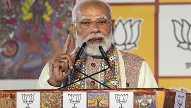New Delhi: Prime Minister Narendra Modi addresses the gathering during the celebration of NDA's victory in the Bihar Assembly elections, at BJP headquarters, in New Delhi, Friday, Nov. 14, 2025. (PTI Photo/Karma Bhutia)