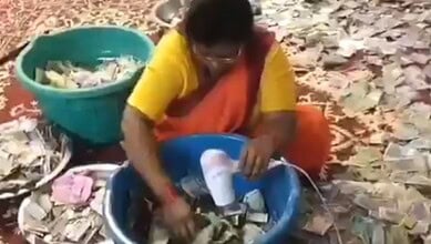 Devotee puts burning camphor in temple's donation box