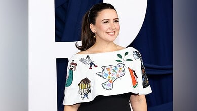 Ms Rachel wears a dress embroidered with Gaza children’s artwork at the Glamour Women of the Year Awards 2025 in New York.