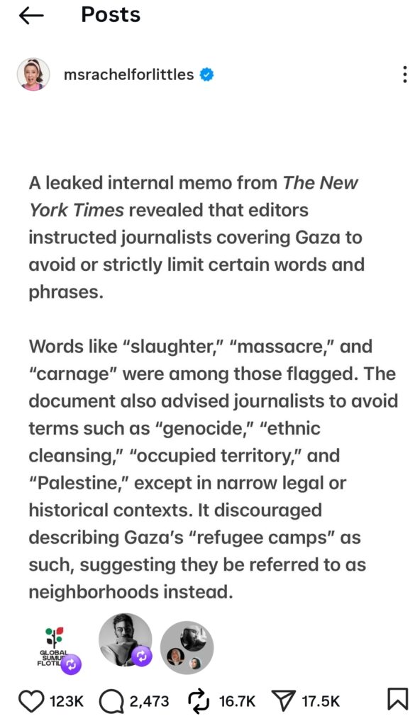 Ms Rachel shares a post criticising The New York Times for restricting journalists’ language when reporting on Gaza.