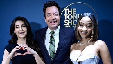 Nora Fatehi, host Jimmy Fallon and Jamaican singer Shenseea