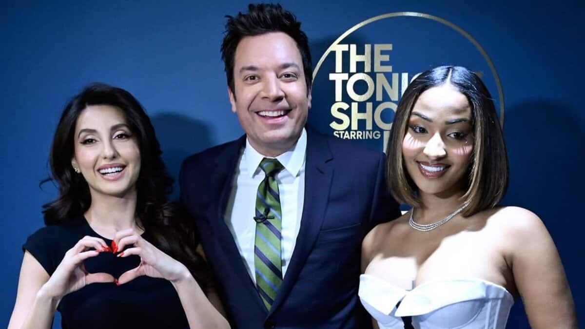 Nora Fatehi, host Jimmy Fallon and Jamaican singer Shenseea