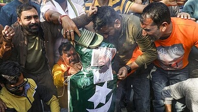 Jammu: Bajrang Dal activists stage a protest against Pakistan following the recent blast near the Red Fort in New Delhi that claimed 13 lives in Jammu, Wednesday, Nov. 12, 2025. (PTI Photo)