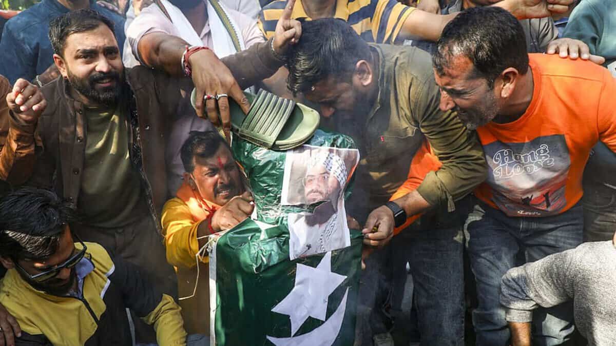 Jammu: Bajrang Dal activists stage a protest against Pakistan following the recent blast near the Red Fort in New Delhi that claimed 13 lives in Jammu, Wednesday, Nov. 12, 2025. (PTI Photo)