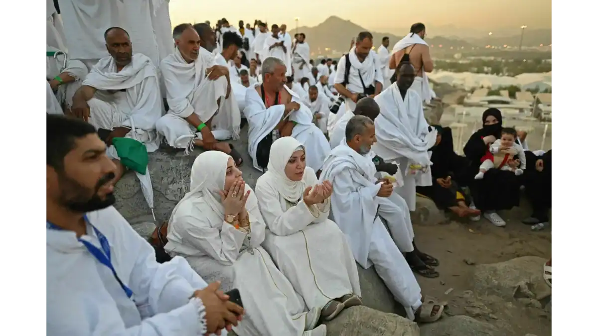 Pilgrims gather on Mount Arafat in Saudi Arabia during the peak of the Haj pilgrimage.