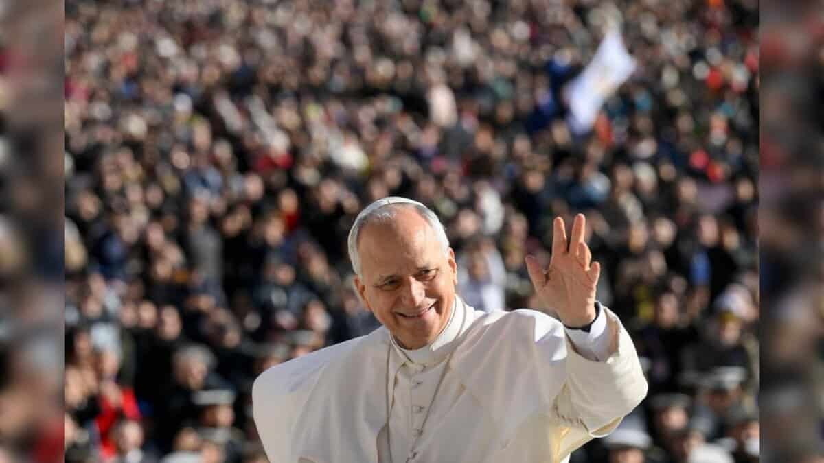 Pope Leo XIV greets pilgrims during a public audience.