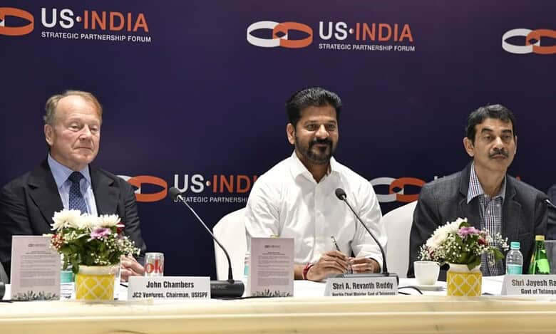 Telangana CM Revanth Reddy at US-India Strategic Partnership Forum in New Delhi.